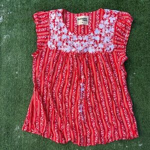 Savanna Jane Red and White boho embroidered striped Floral Blouse, size medium